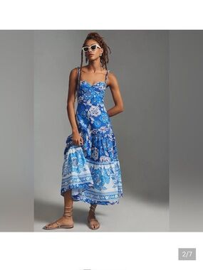 FARM Rio Blue & White Floral Tiered Midi Dress with Spaghetti Straps